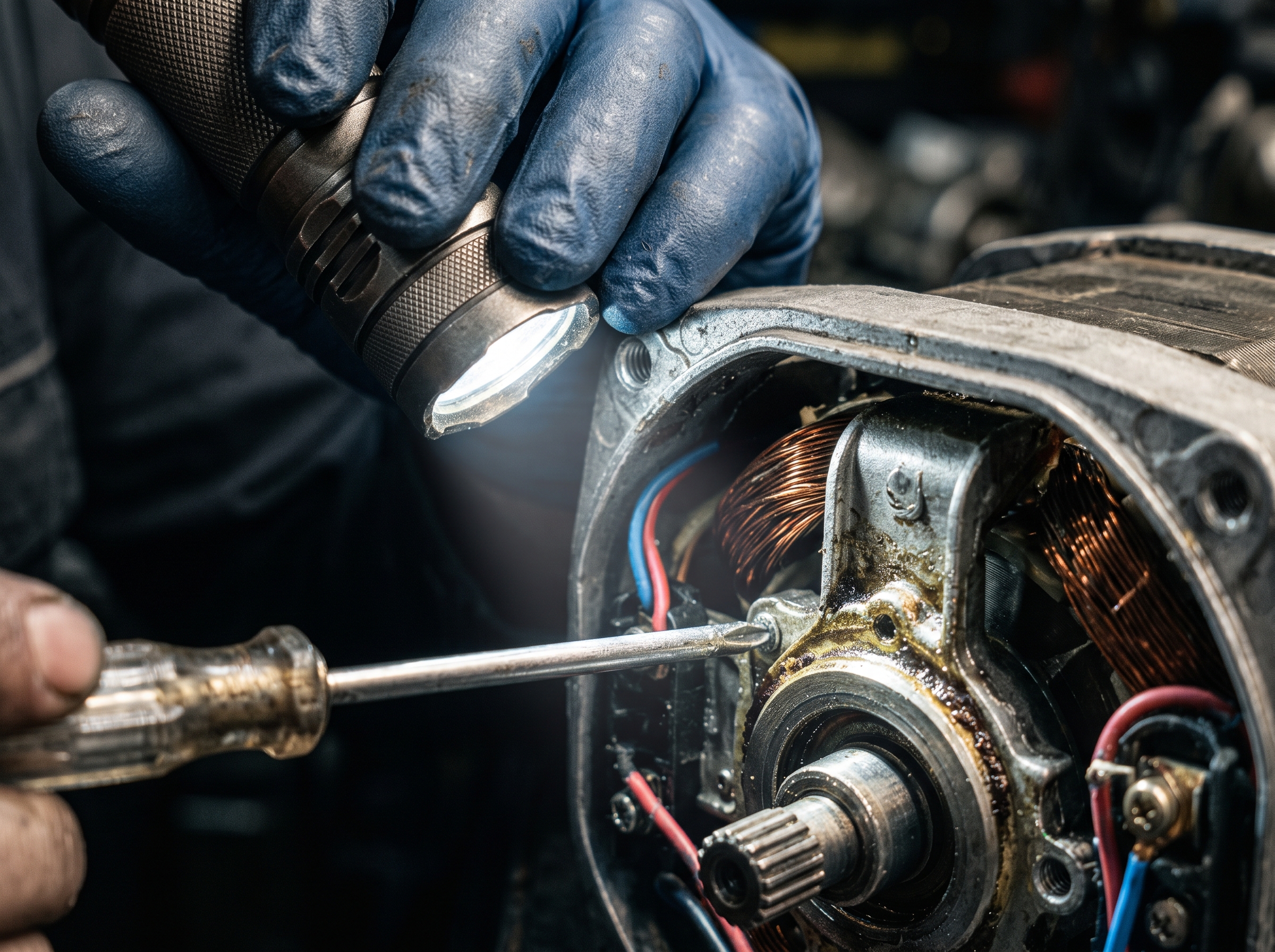 Técnico alumbrando motor con linterna