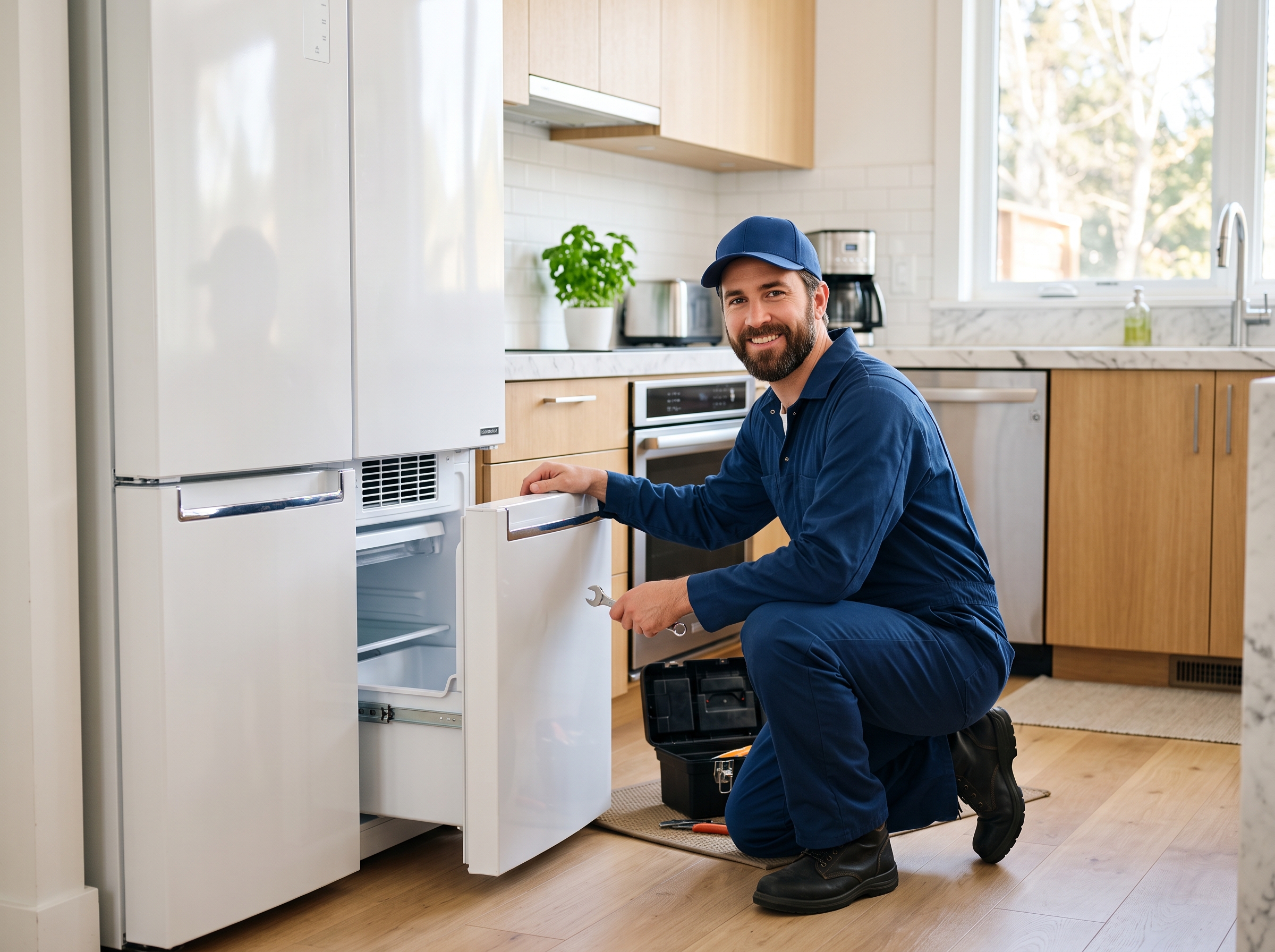 Técnico al lado de refrigeradora